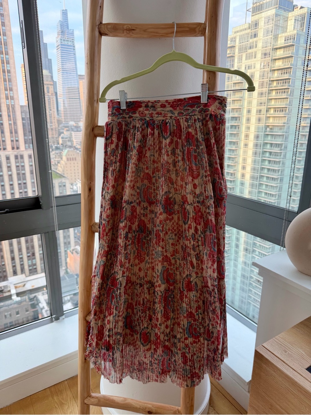 ba&sh Red Multi Floral Pleated Midi Skirt